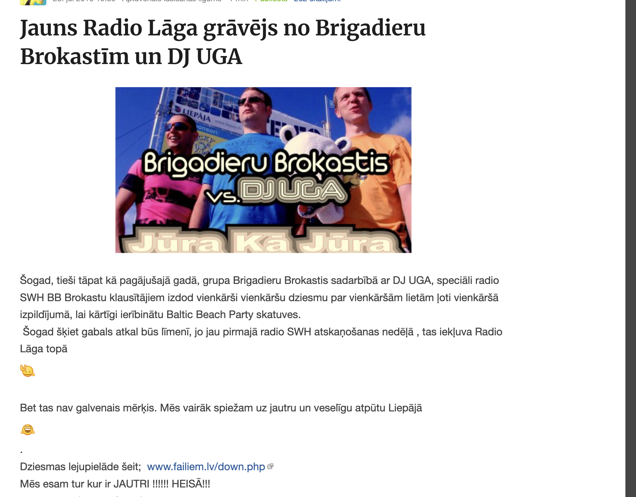 Brigadieru Brokastis un DJ UGA arhīva publikācijas ekrānuzņēmums