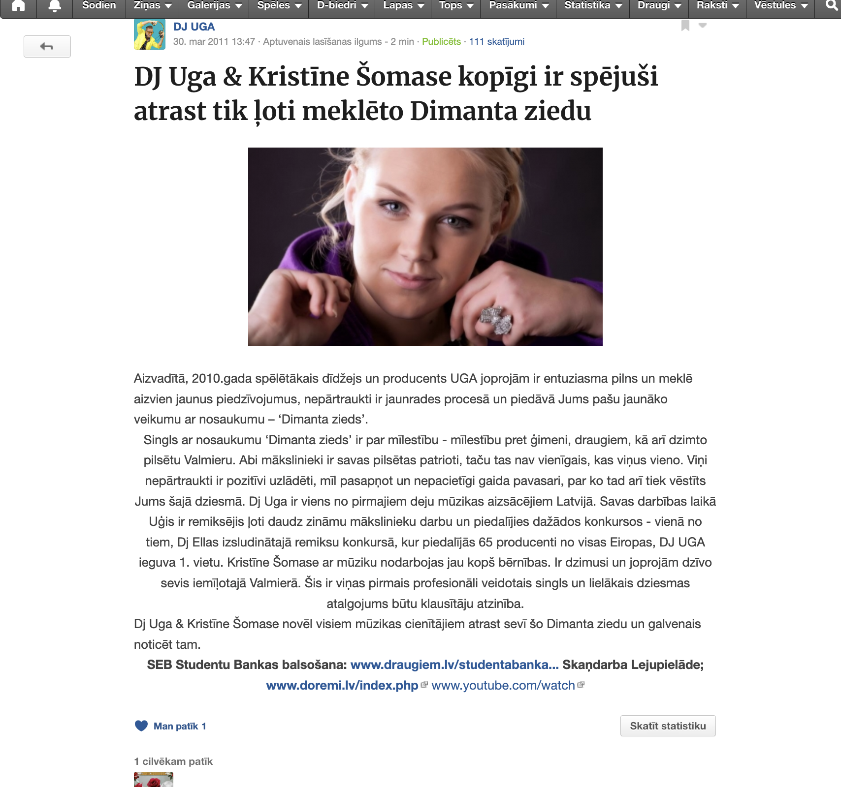 DJ UGA un Kristīne Šomase arhīva publikācijas ekrānuzņēmums