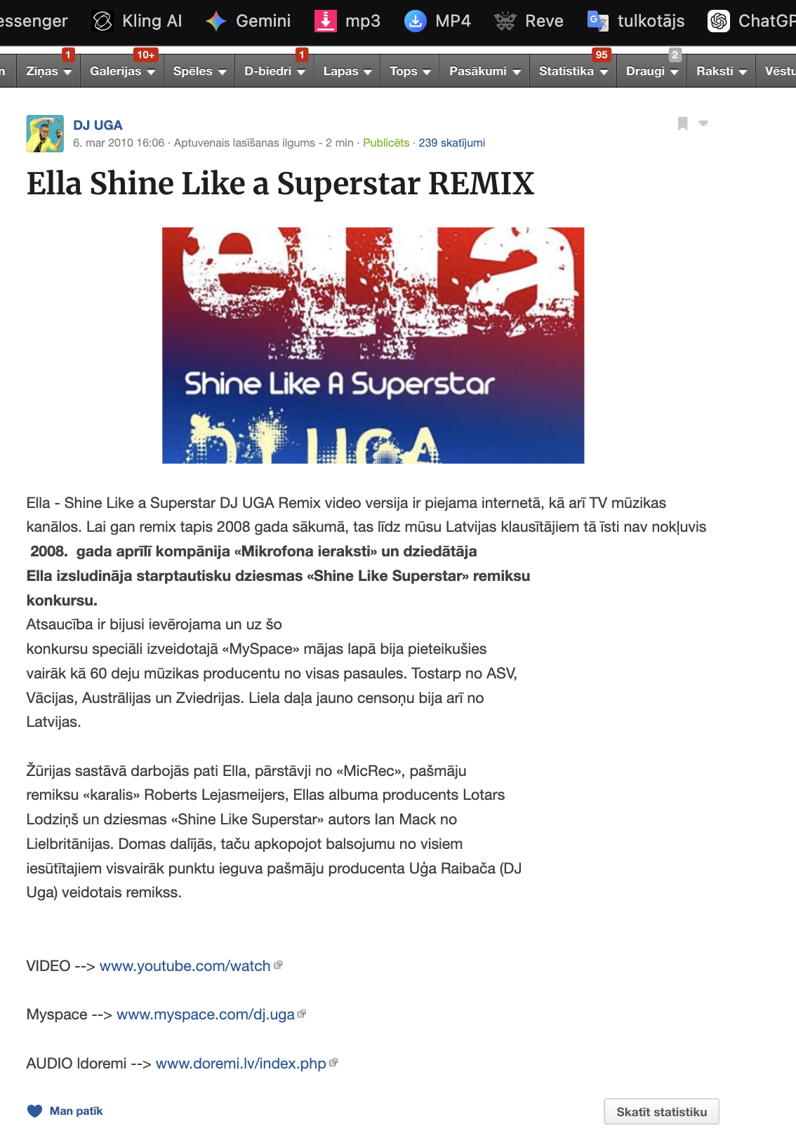DJ Ella — “Shine Like a Superstar” arhīva publikācijas ekrānuzņēmums
