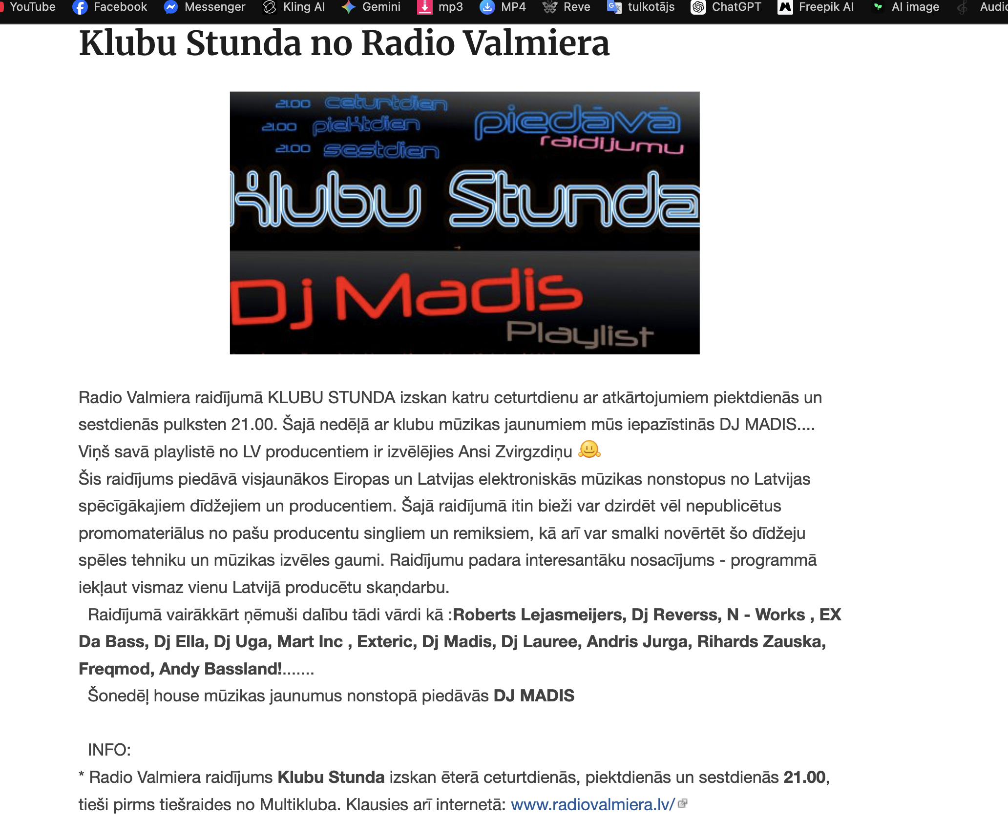 “Klubu Stunda” / DJ Madis arhīva publikācijas ekrānuzņēmums