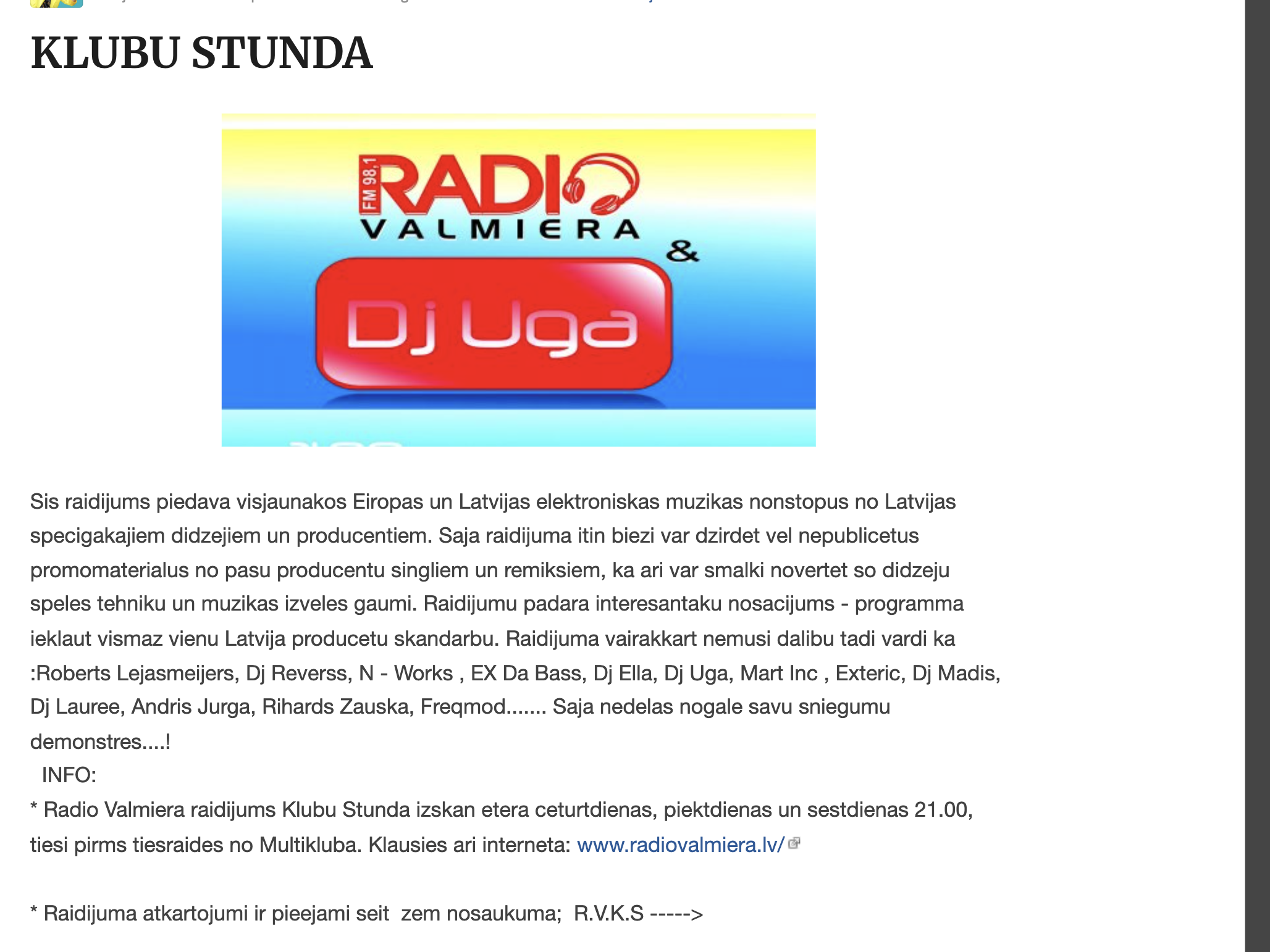 Radio Valmiera — “Klubu Stunda” arhīva publikācijas ekrānuzņēmums