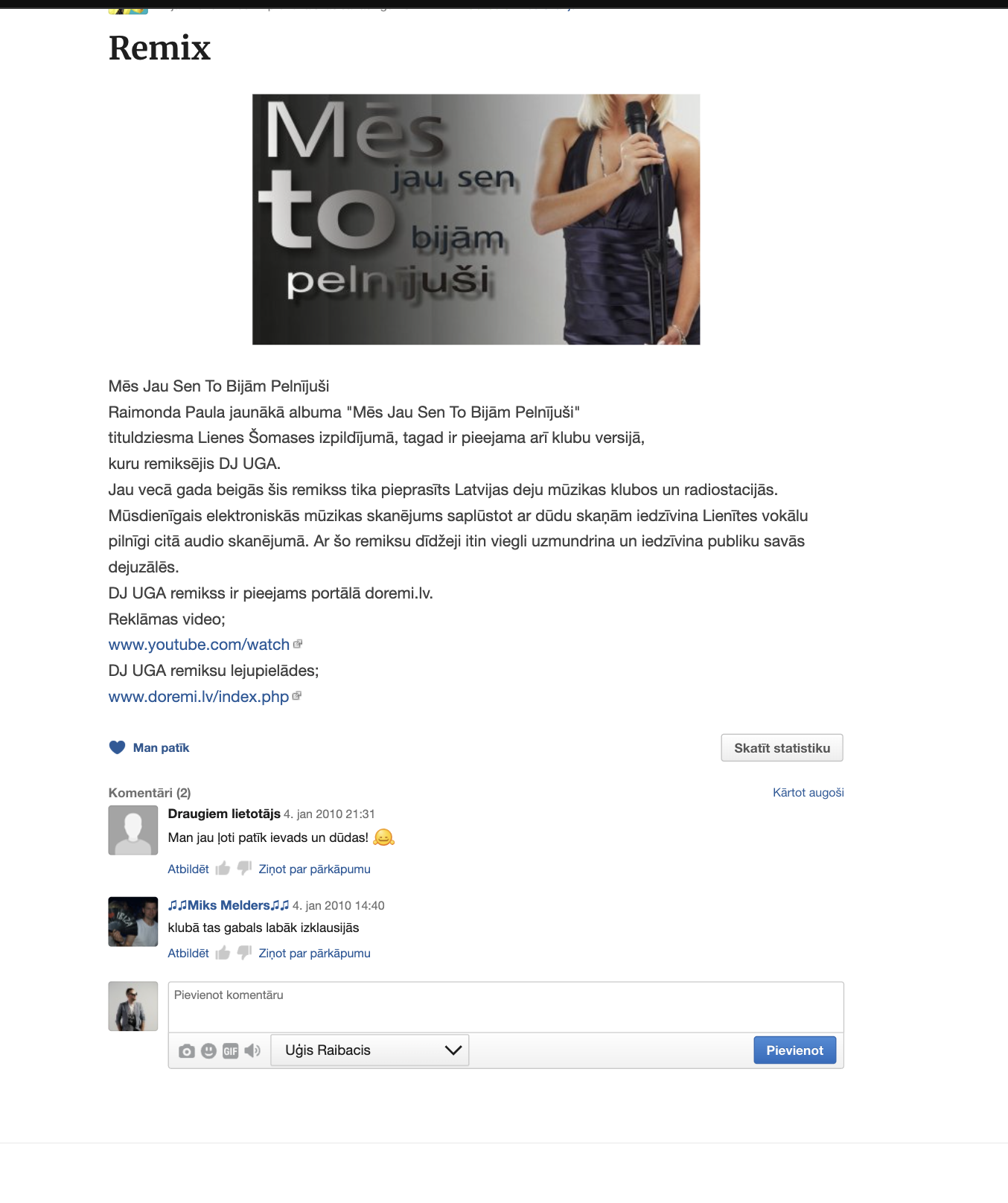 Liene Šomase — DJ UGA remikss arhīva publikācijas ekrānuzņēmums